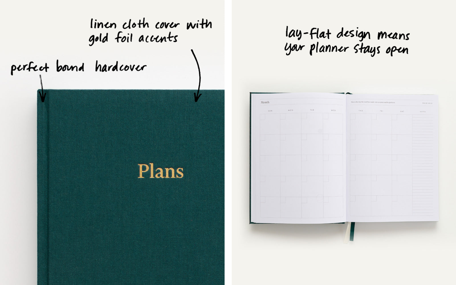 Linen cloth cover with gold foil accents. Lay-flat design means your planner stays open.