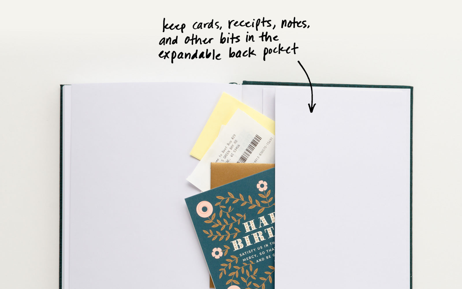 Keep cards, receipts, notes, and other bits in the expandable back pocket