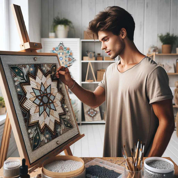 A boy making diamond painting