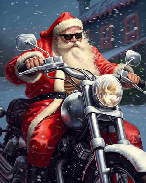 Diamond painting of Santa Claus riding a bike