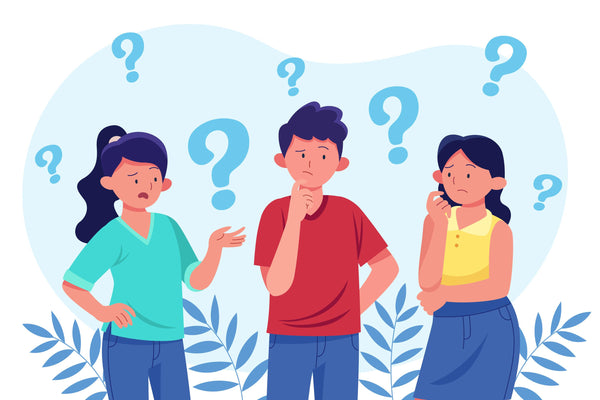 Vector of three people with question marks over their head.