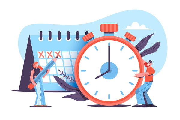 A vector image of little people carrying a clock with a calendar in the background.