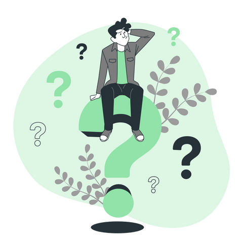 Illustration of a guy sitting on a question mark wondering about his garden