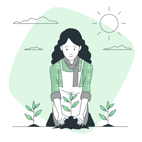 Illustration of a women applying fertilizer on a plant in her garden