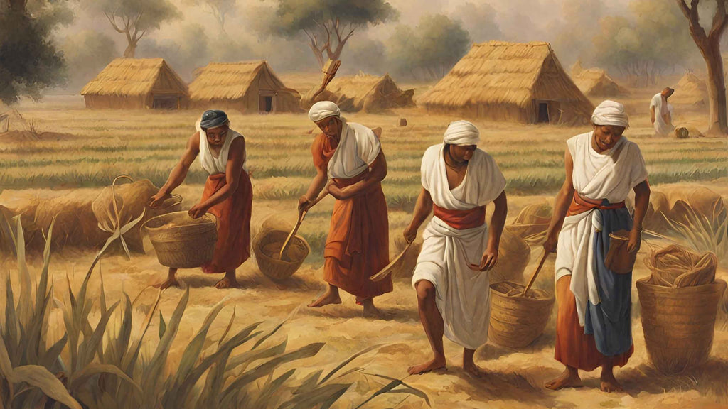 Ancient peoples harvesting and practicing agriculture