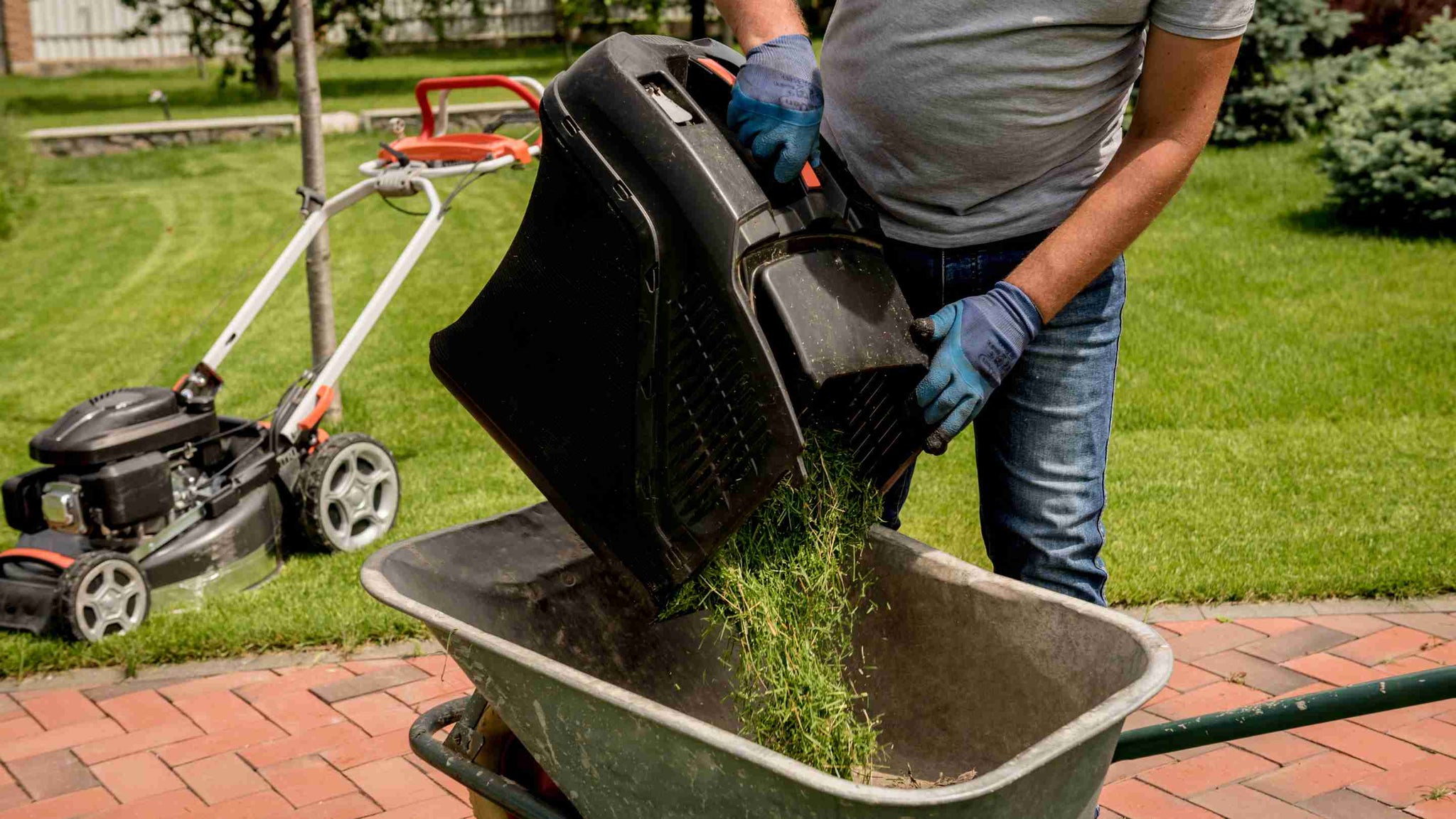 man emptying lawn clippings