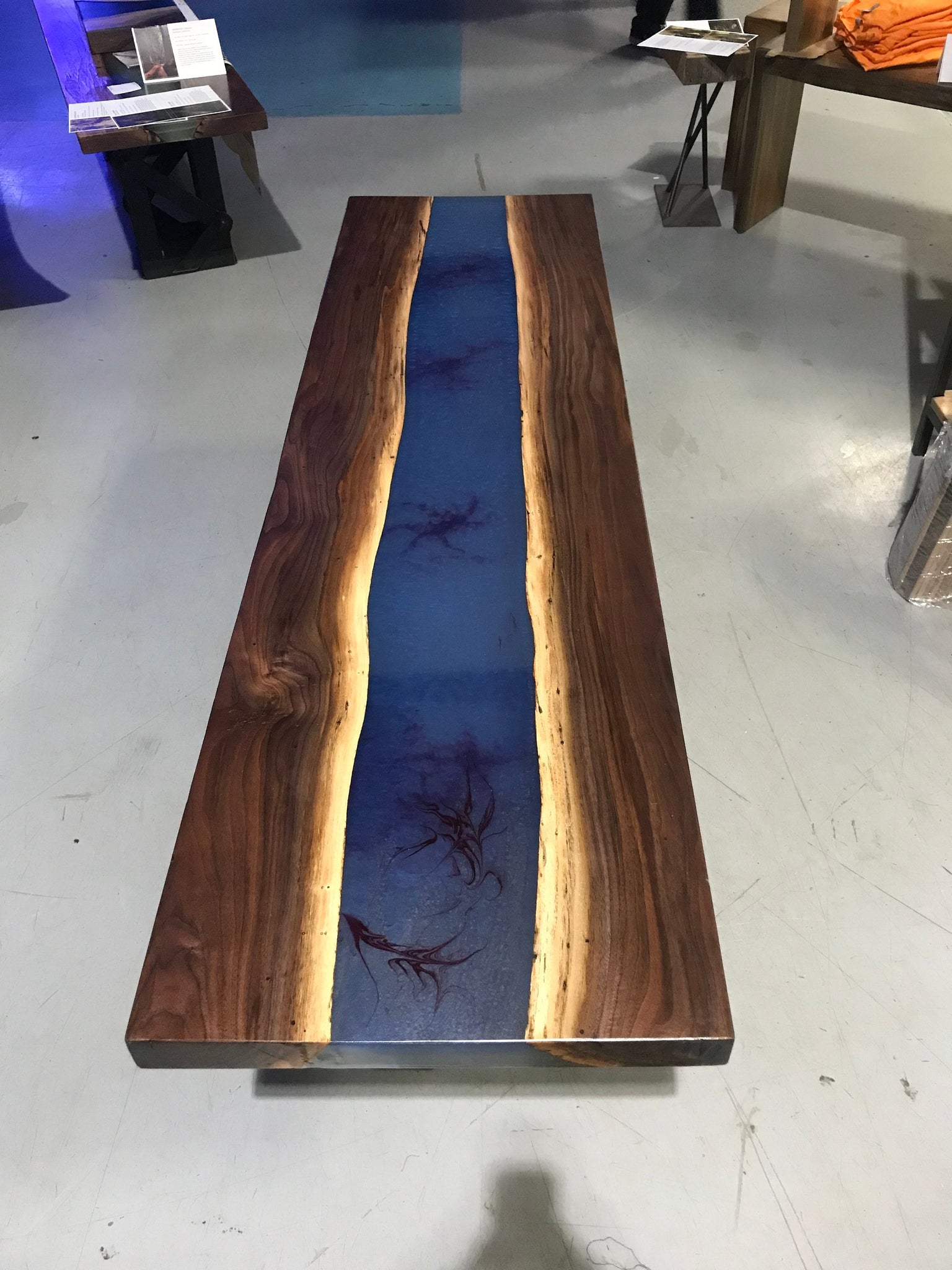 Blue Epoxy Resin Custom Table With Walnut Live Edge Chicago Fabrications