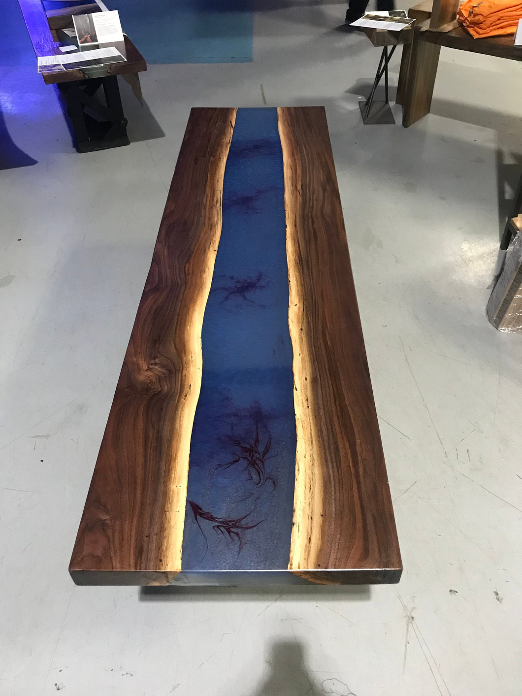 Blue Epoxy Resin Custom Table with Walnut Live Edge – Chicago Fabrications