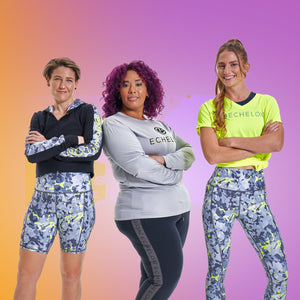 Three women dressed in Echelon fitness apparel