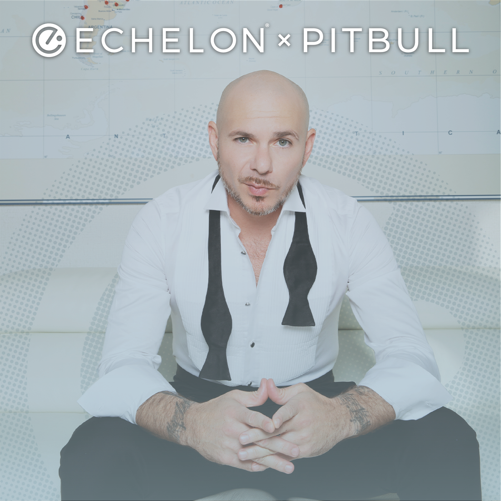 A man in a white shirt and black bow tie sits in front of a echelon x pitbull poster