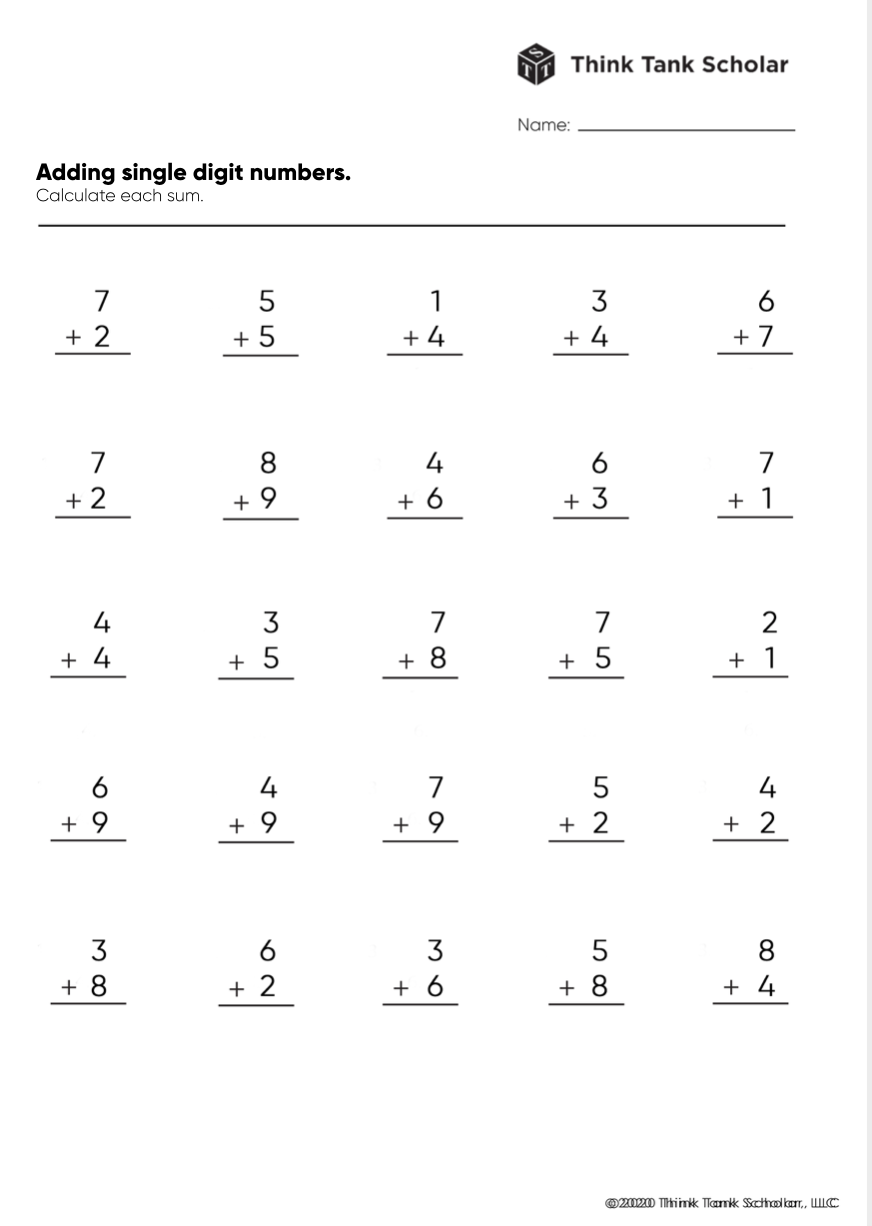 Addition Worksheets Exercises Printable PDF FREE Think Tank Scholar