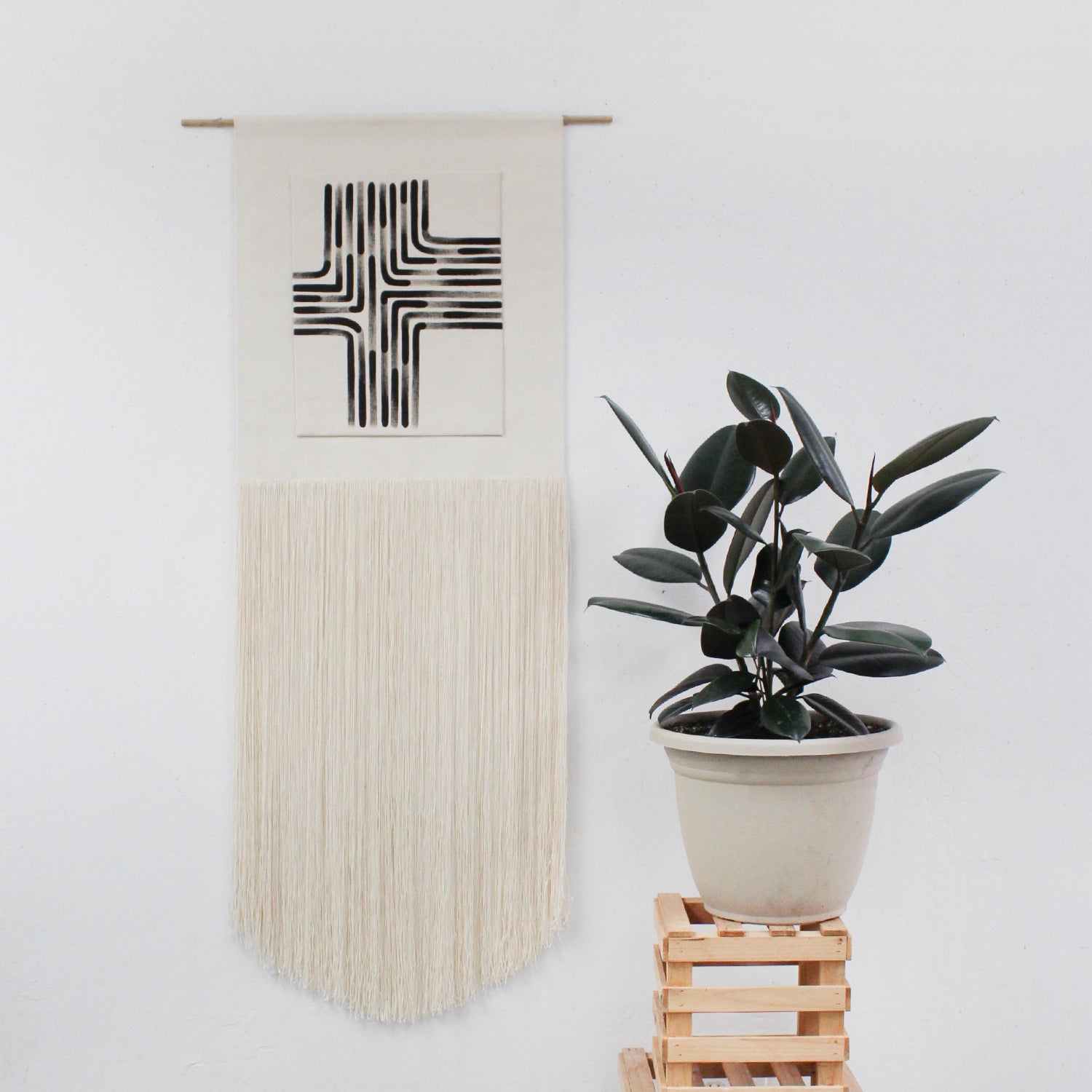 Painted Asymmetric Cross Fringe Wall Hanging in Black