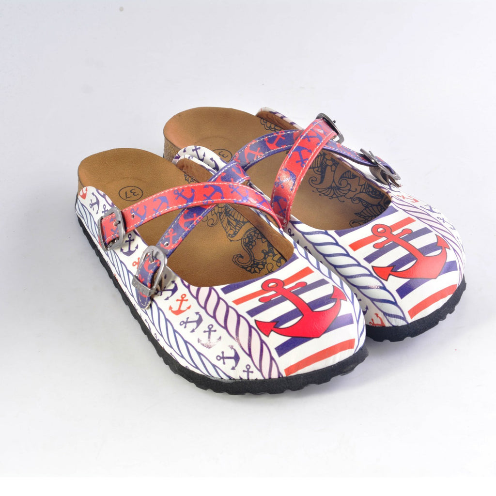 Red and Navy Blue Colored Anchor Patterned Clogs - WCAL163 – Calceo.co