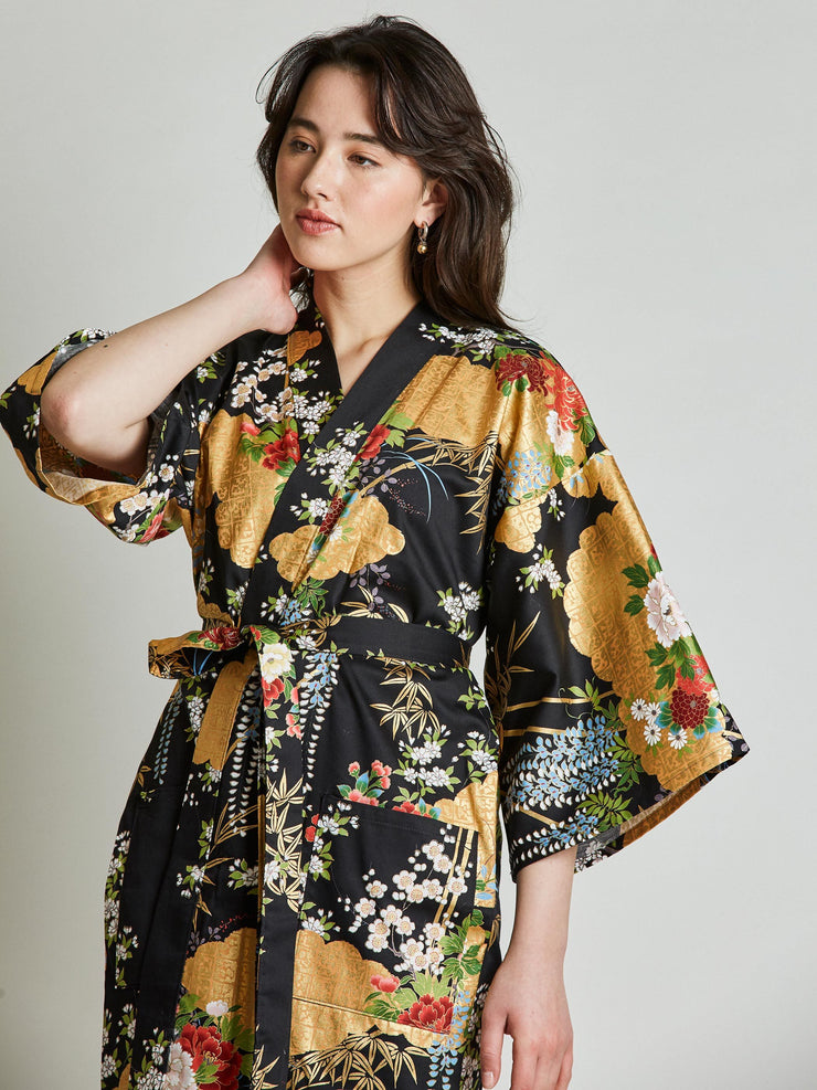 Japanese Floral Cotton Satin Kimono Robe Japan Objects Store
