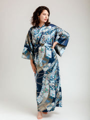 Blue Floral Ribbon Long Kimono Robe Front