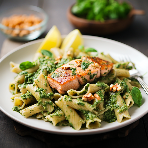 salmon with walnut pesto pasta recipe