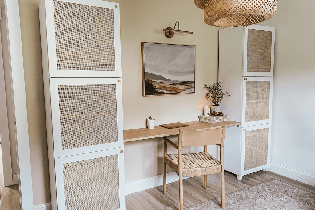 A custom home office with 6 cane doors from Norse Interiors on taller Besta frames from IKEA