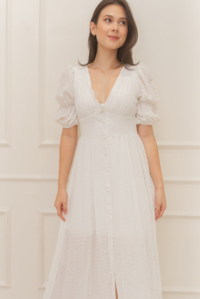 KASKADE Puff Sleeve Buttoned Midi Dress (WHITE) – shopgirlshaven.com