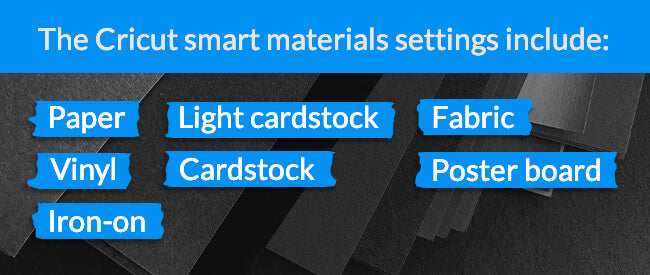 Cricut smart materials settings - Paper, light cardstock, fabric, vinyl, cardstock, poster board, iron-on
