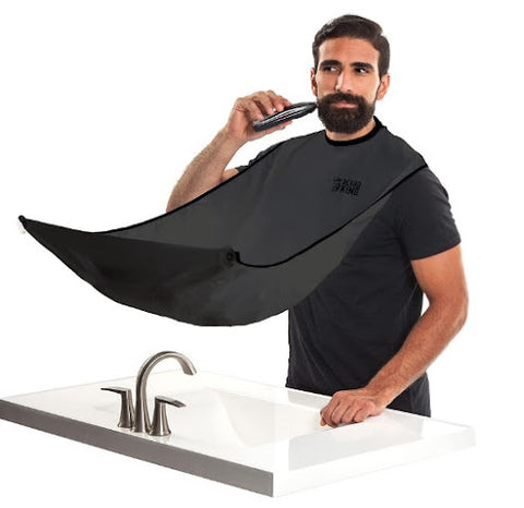 <img src="beardbib.png" alt="man trimming beard wearing a black beard bib">