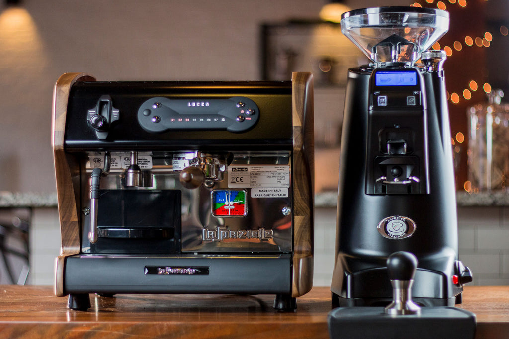 Olympus 75 espresso grinder in black lifestyle photo by Clive Coffee