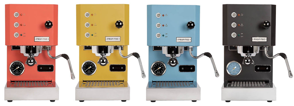 Profitec Go espresso machine in red, yellow, blue, and black