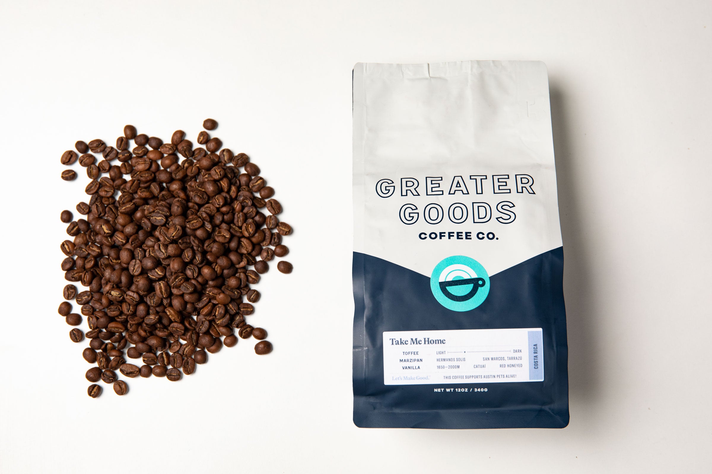 Greater Goods coffee bag and beans