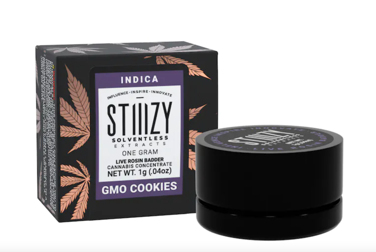 A black jar of live rosin badder extracted from cannabis flower of the GMO Cookies strain sits next to its box.