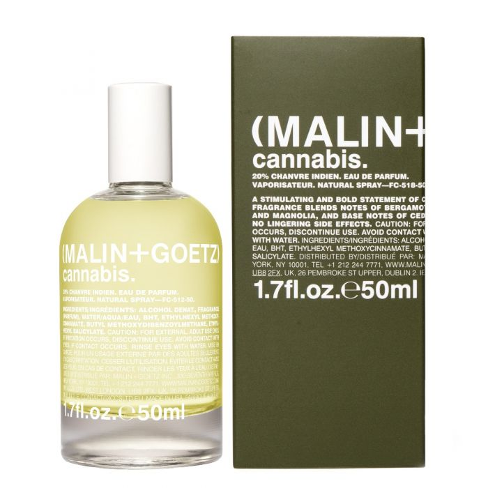Malin+Goetz’s cannabis perfume 50ml bottle next to box