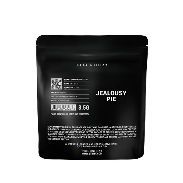 STIIIZY's Jealousy Pie 3.5g cannabis flower in black packaging
