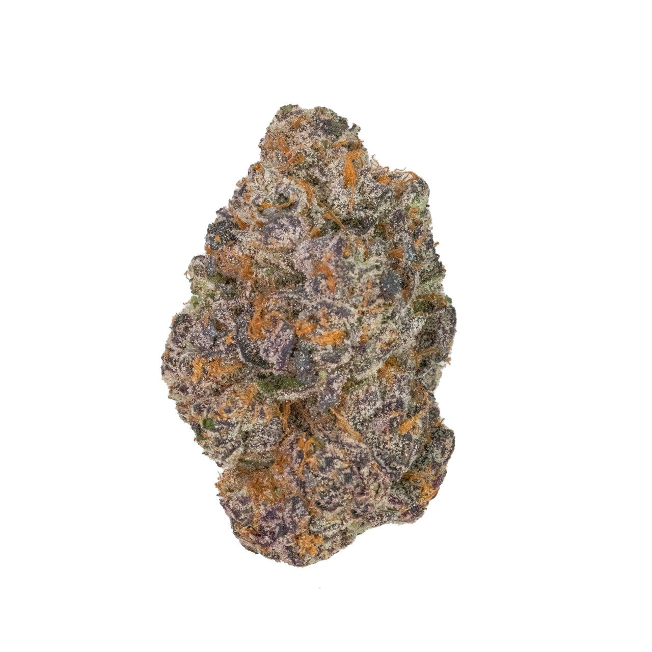 A nug of cannabis flower from the Apple Fritter Strain sits against a white background.