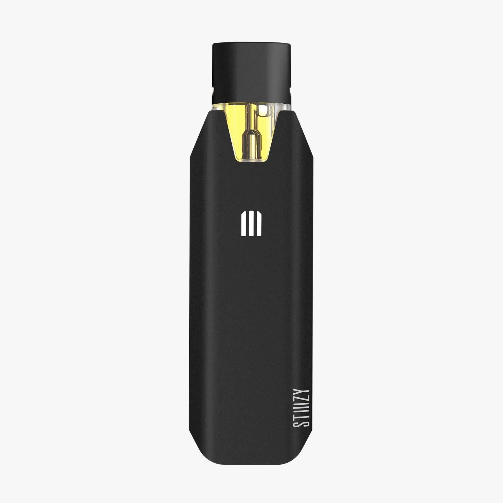 A big black STIIIZY weed pen battery and vape pod stand against a white background.