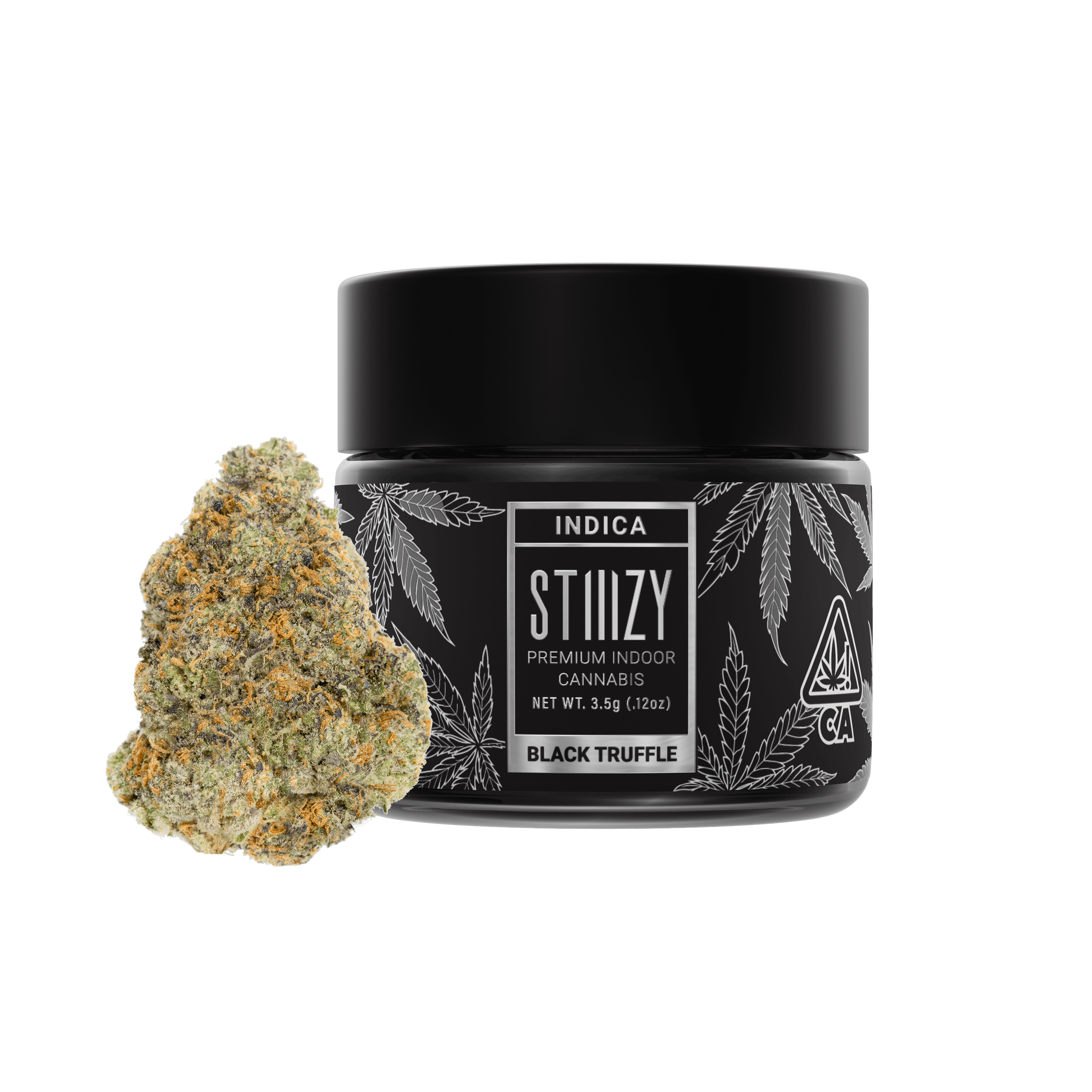 A nug of cannabis flower from the Black Truffle strain stands next to its black jar.