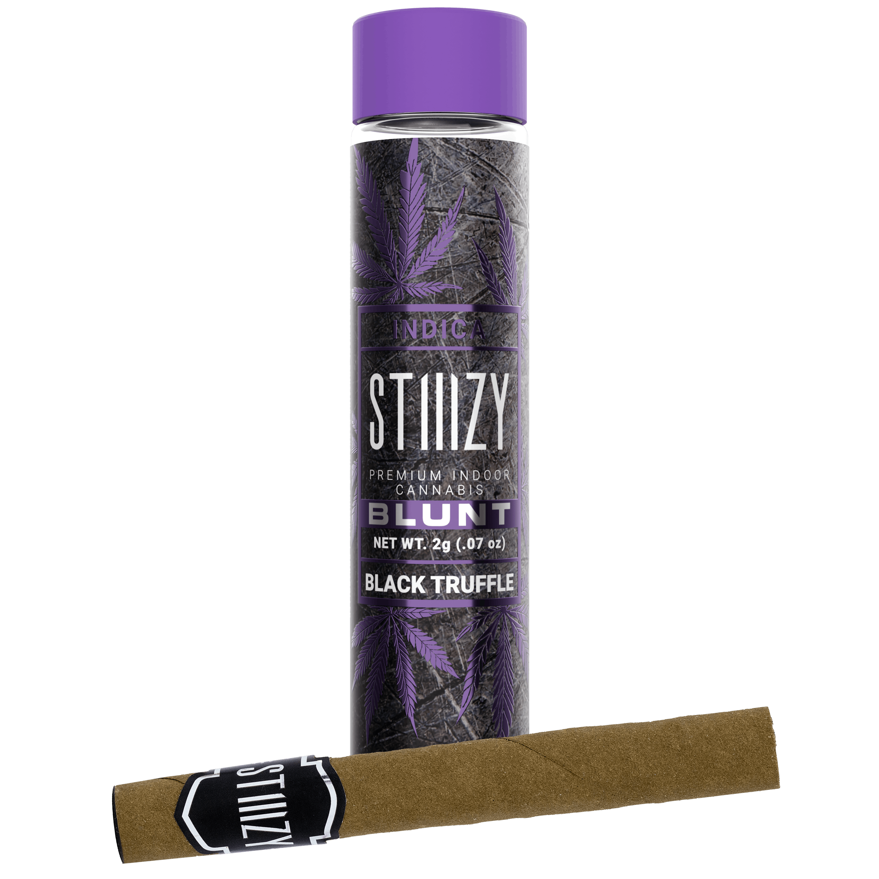 A blunt of Black Truffle strain cannabis flower lies in front of its purple-capped jar.