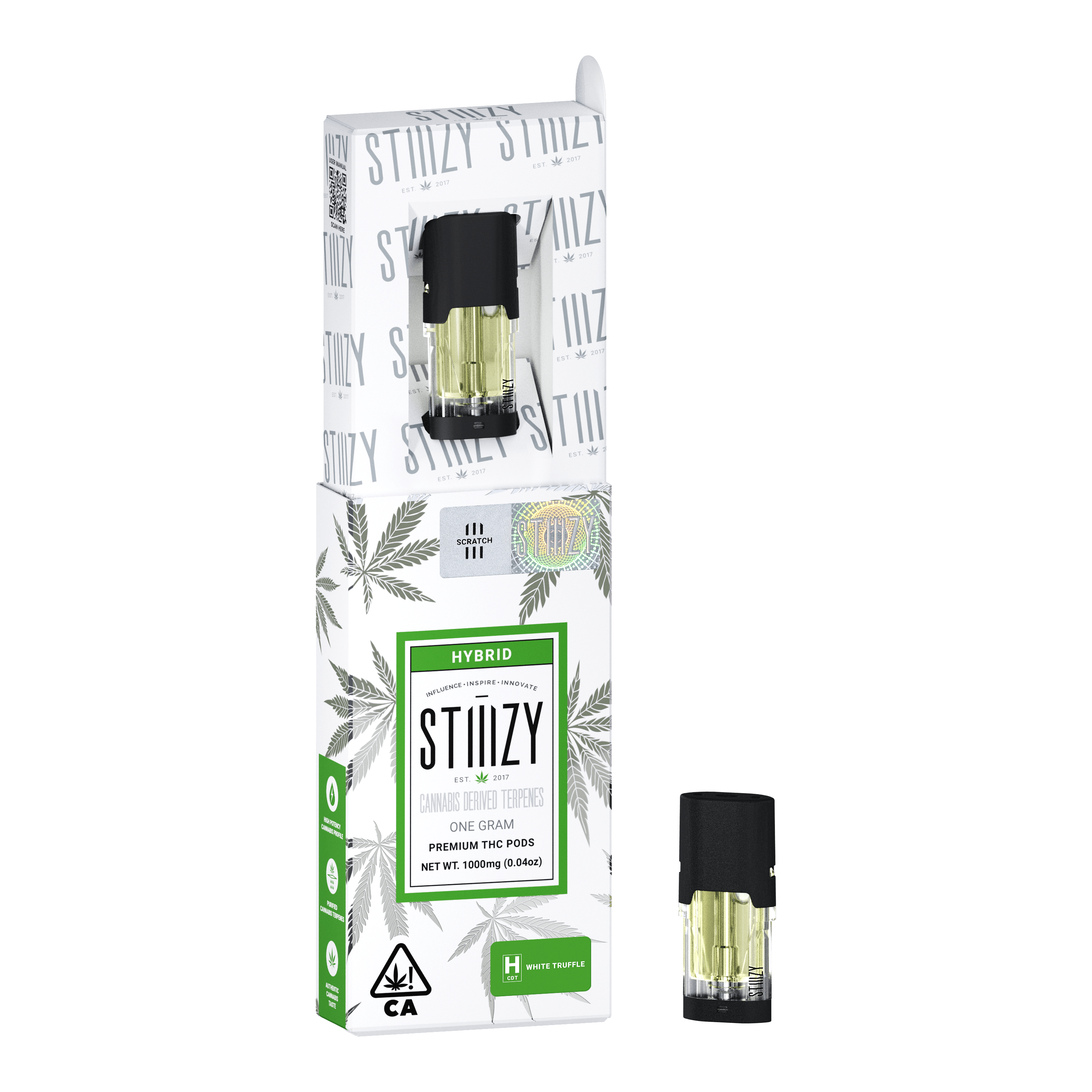 Weed vape pods with cannabis-derived terpenes from the White Truffle strain sit inside and outside of their white and green box.