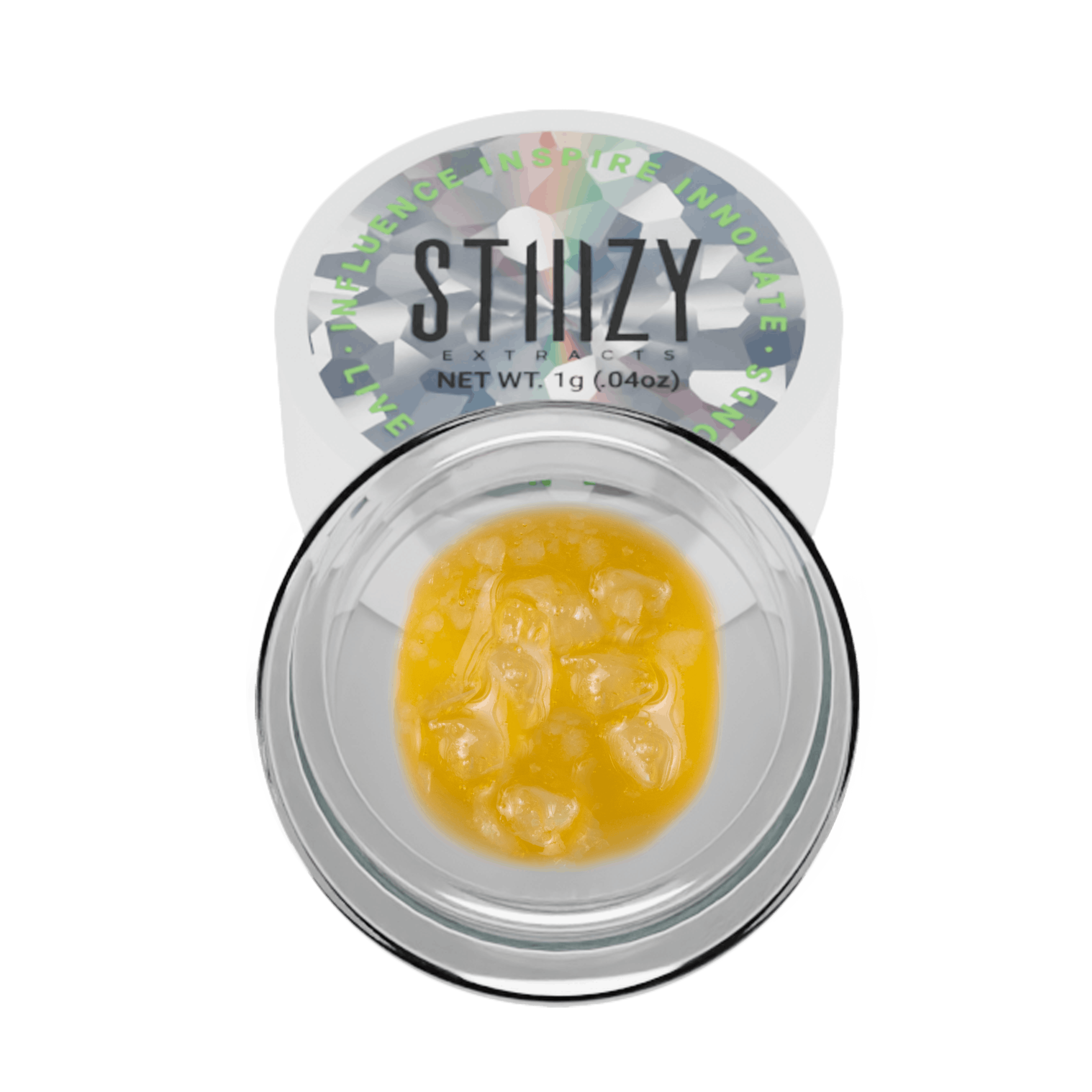 Clumps of live resin diamonds in a gold-colored sauce derived from the Cereal Milk weed strain sit an open clear glass jar.