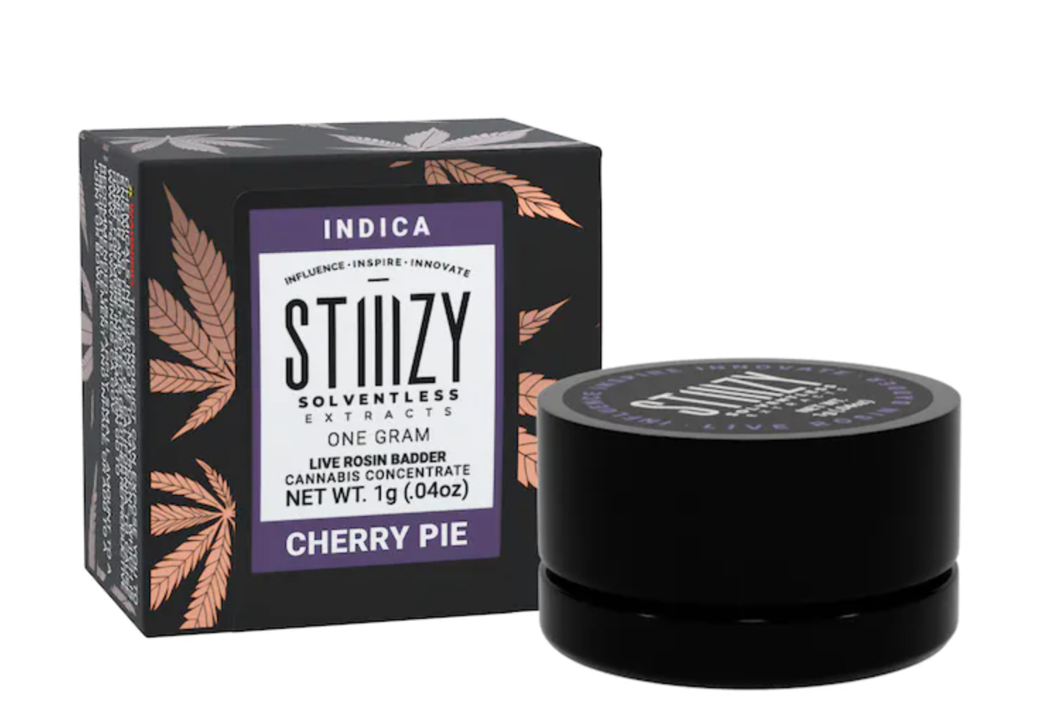 A black box with live rosin badder made from cannabis flower of the Cherry Pie strain sits next to its black jar.