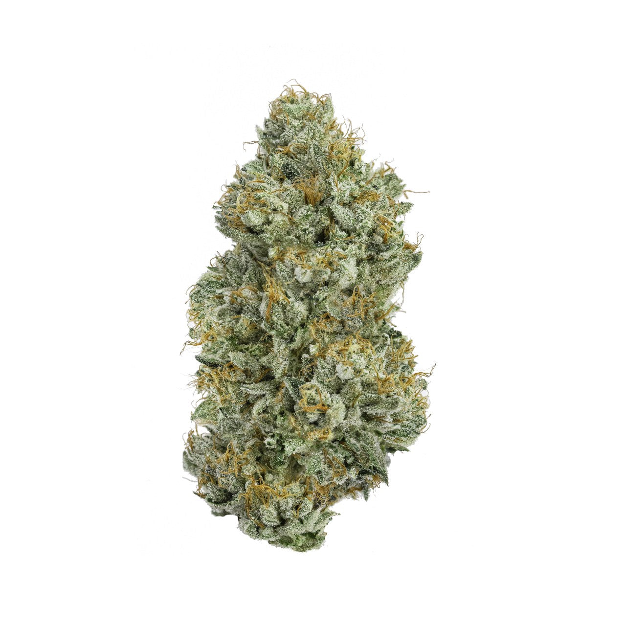A bright green nug of cannabis flower from the Cherry Pie strain stands against a white background.