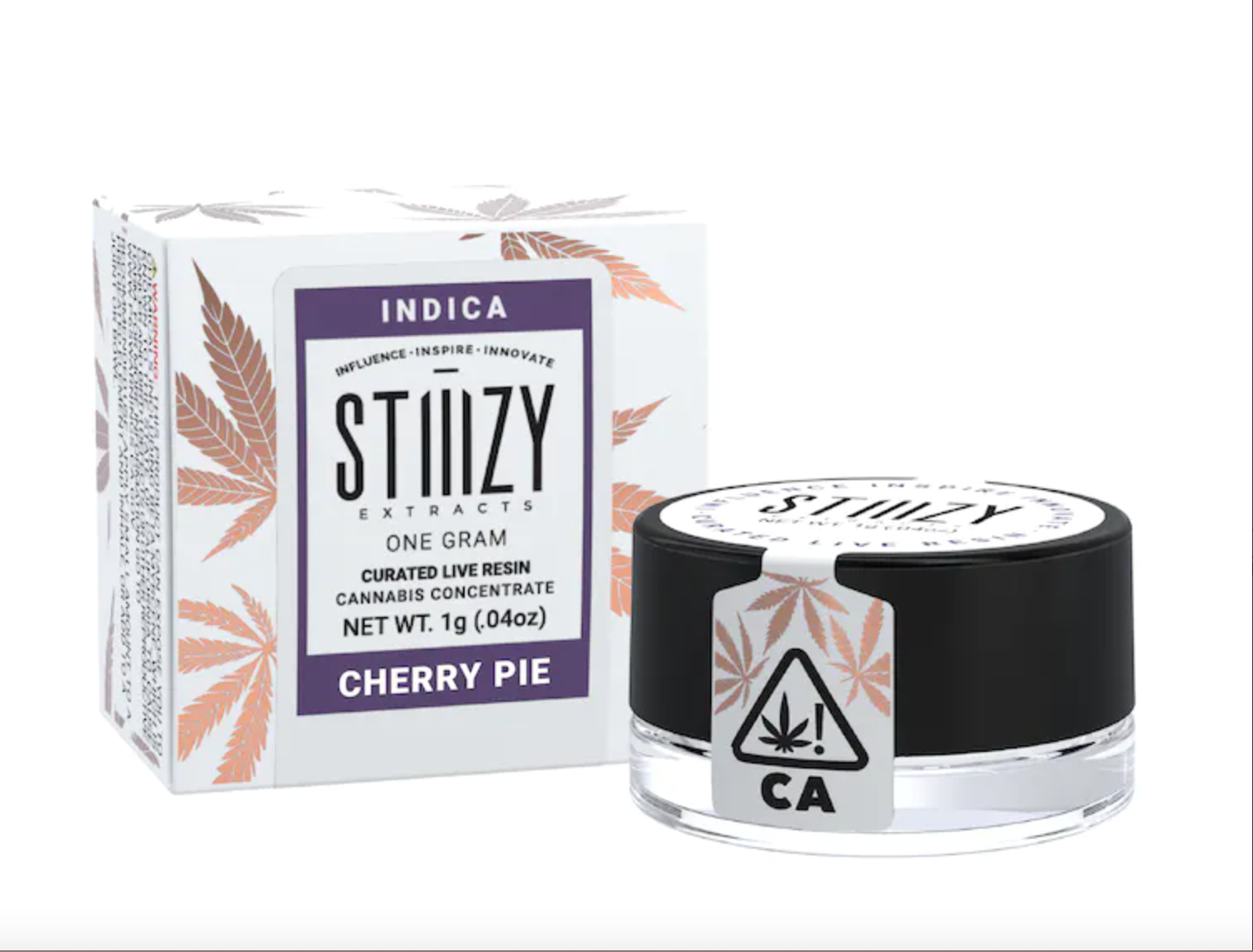 A white and pink box with curated live resin made from the Cherry Pie strain sits next to its glass jar.