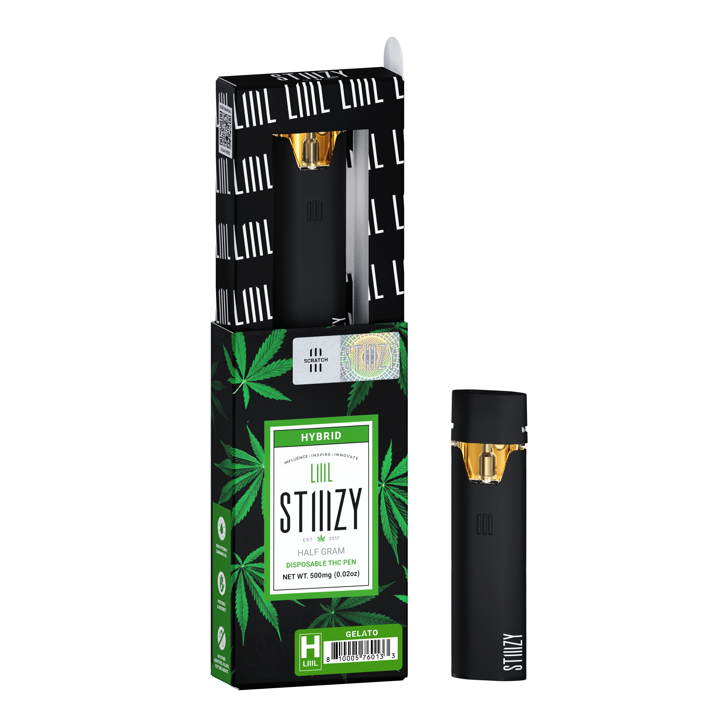 A disposable weed pen with distillate derived from the Gelato strain stands next to its black box.