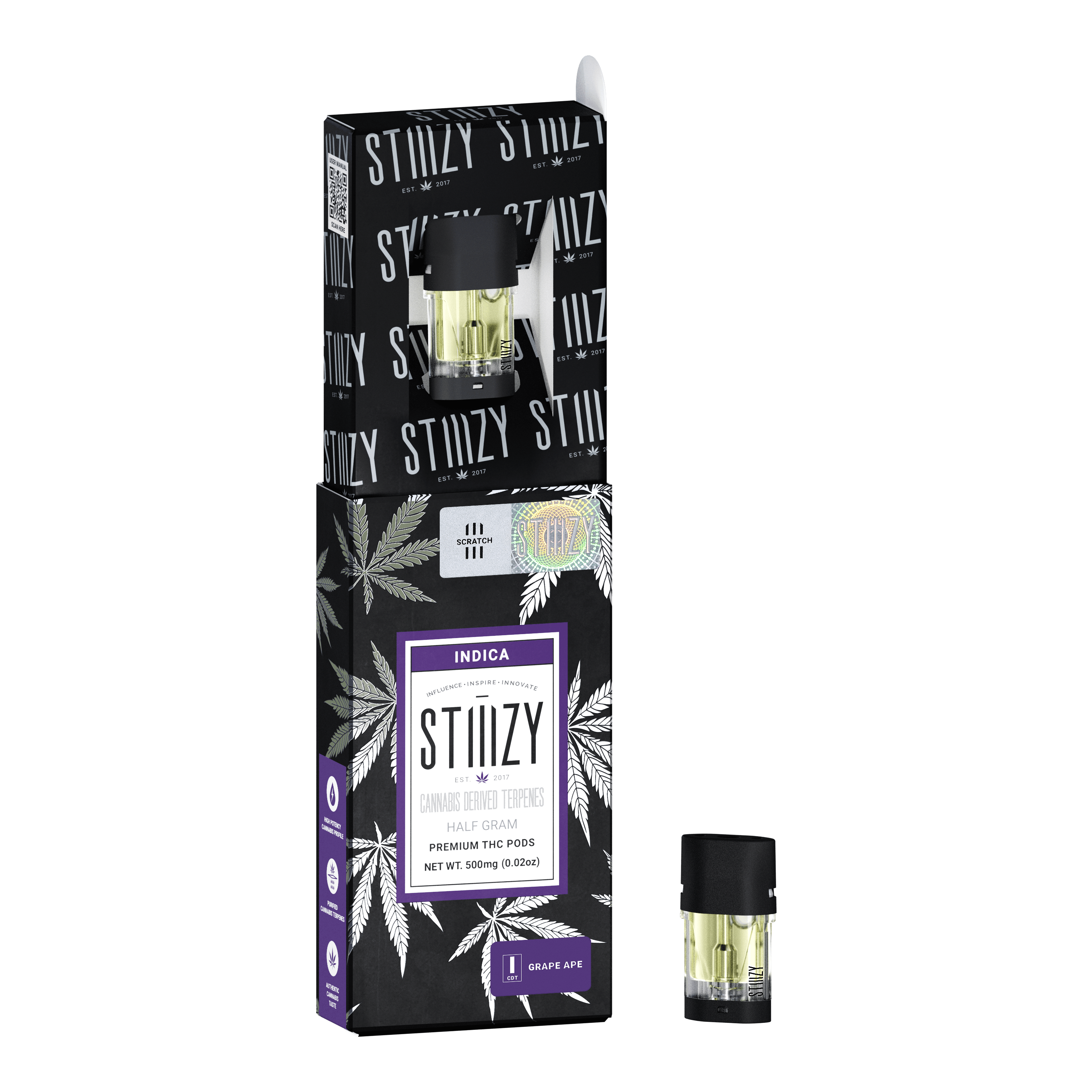 A black and purple box showcases cannabis-derived terpene pods with distillate extracted from weed of the Grape Ape strain.