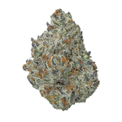 A nug of cannabis flower from the Ice Cream Cake weed strain sits against a white background.