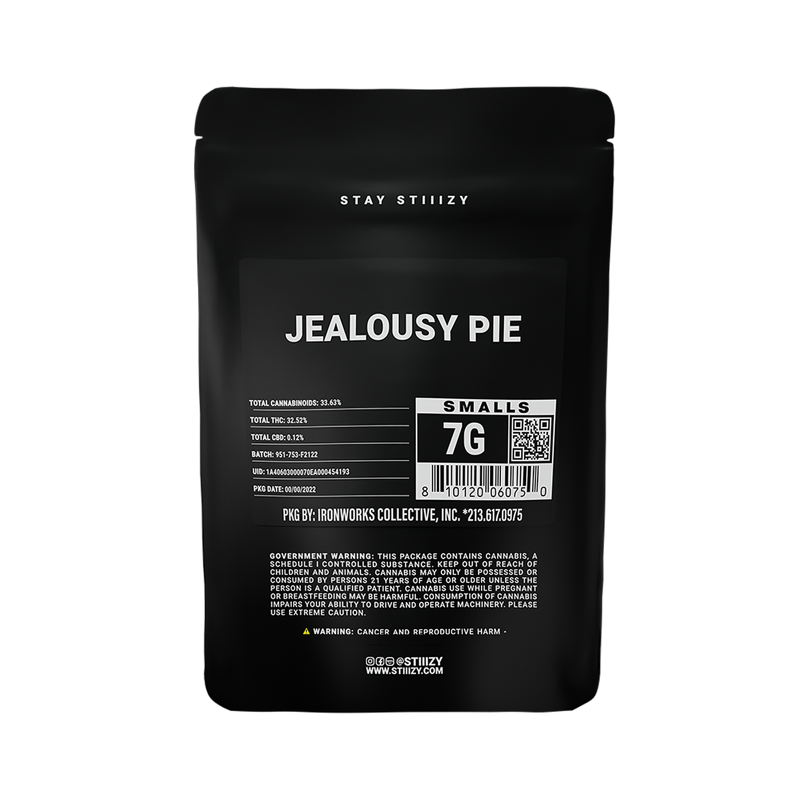A black label bag holds 7 grams of cannabis flower from the Jealousy Pie weed strain.