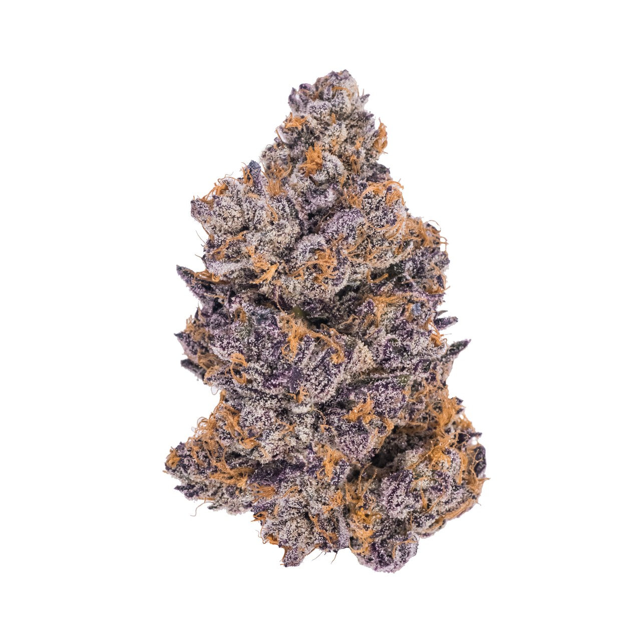A nug of cannabis flower from the Jealousy strain of weed sits against a white backdrop.