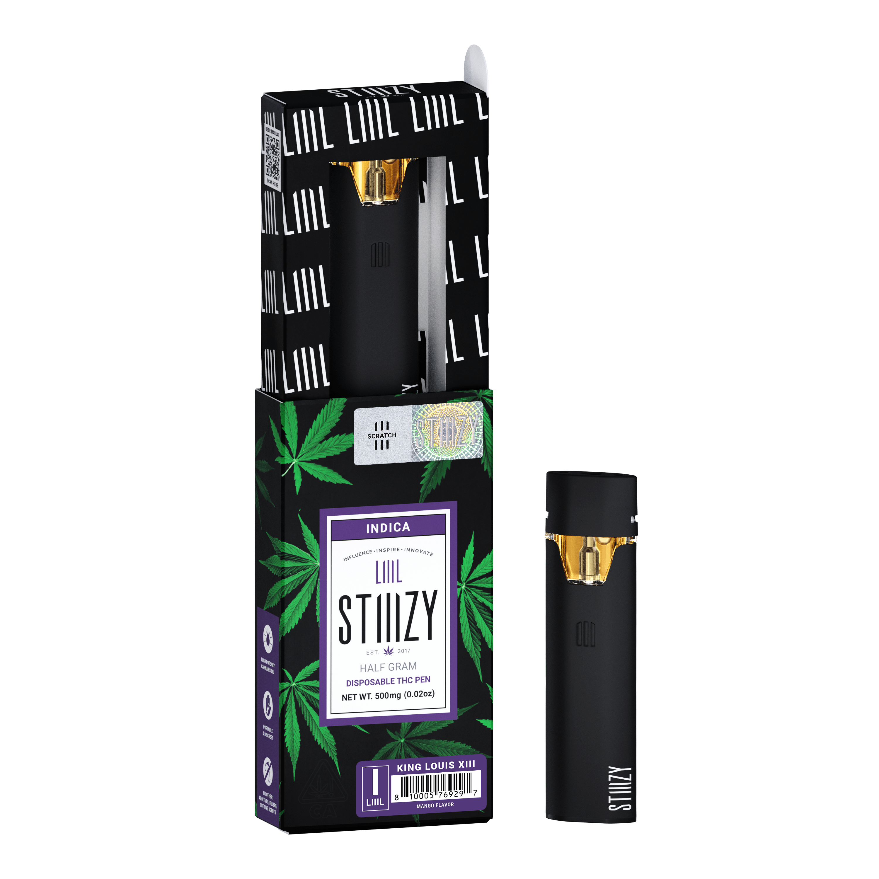 A disposable weed pen with distillate from the King Louis XIII strain stands next to its black box.