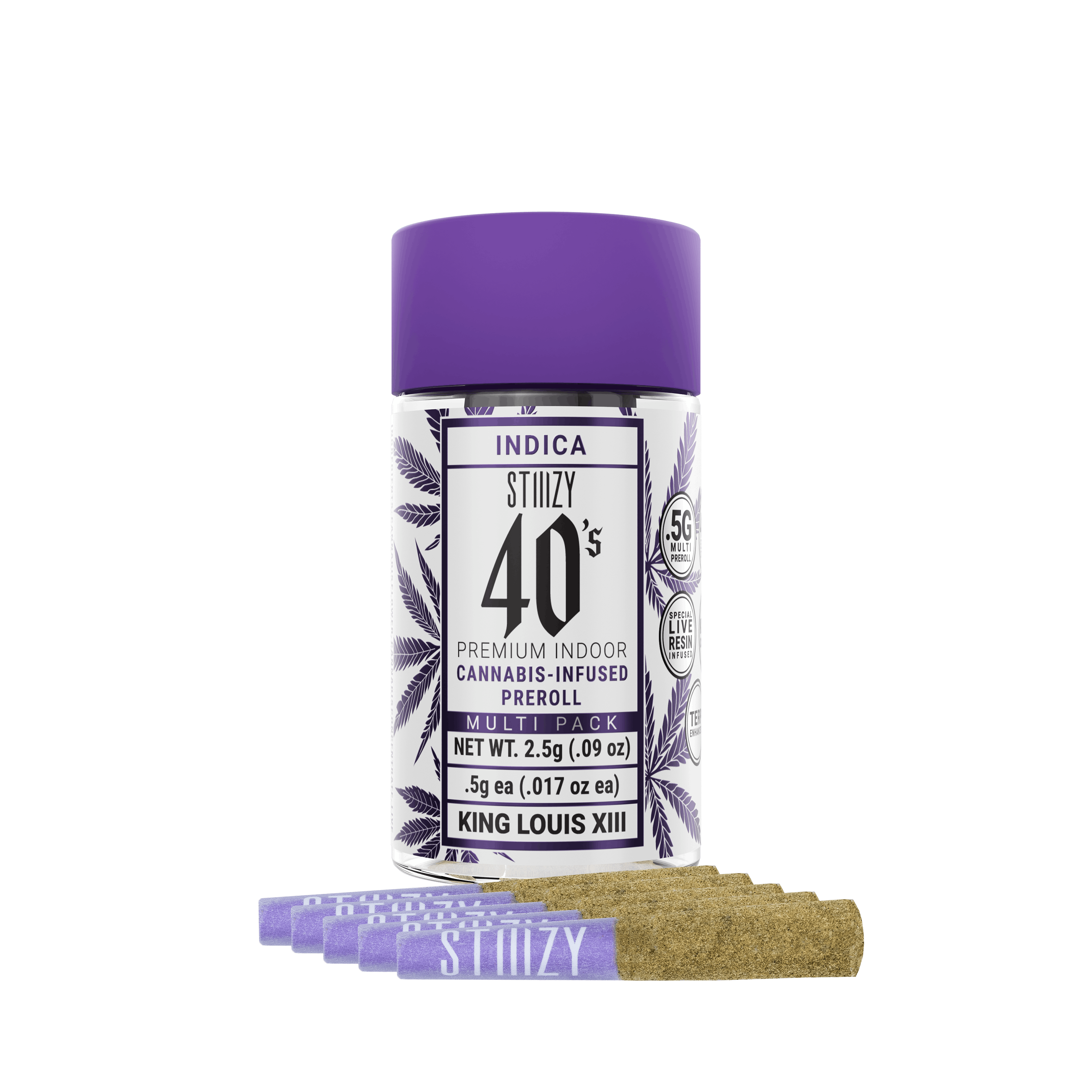 Infused pre-rolls with cannabis flower from the King Louis XIII strain lie in front of their purple-capped jar.