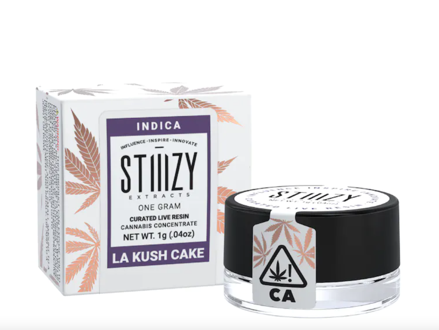 Curated live resin derived from the LA Kush Cake strain is showcased in its glass jar next to its pink and white box.