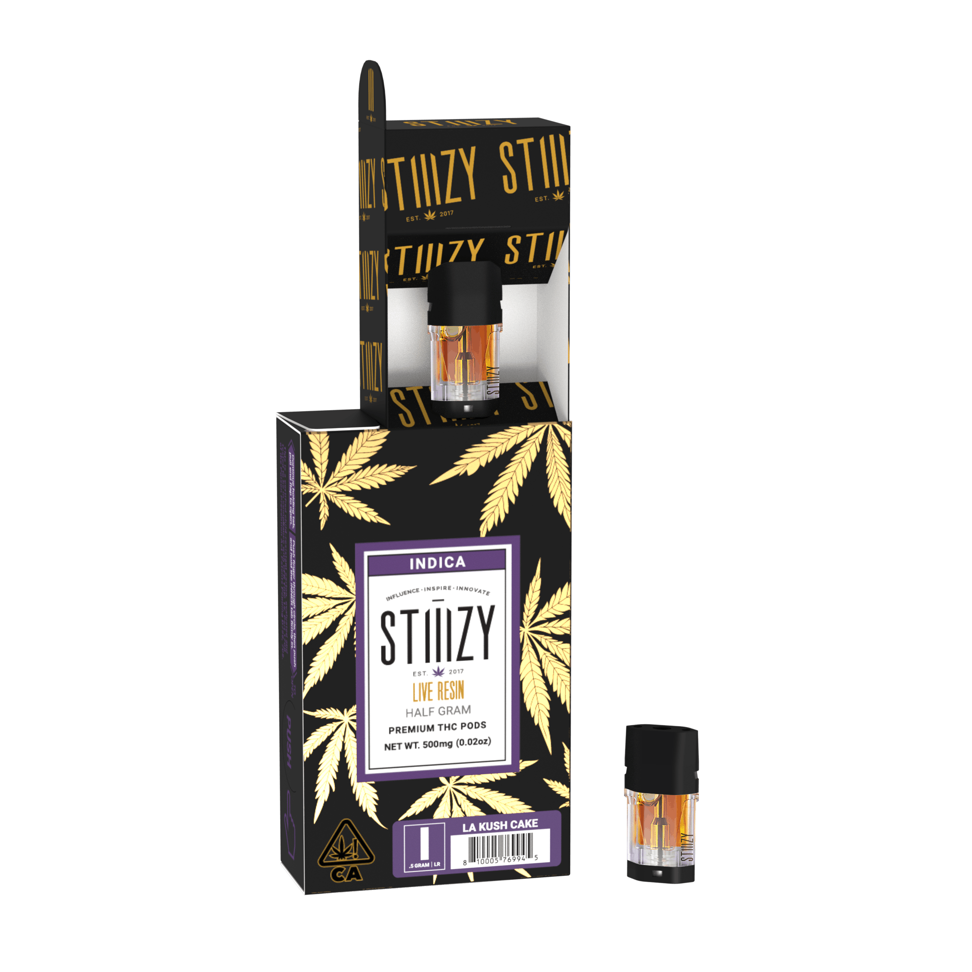 Weed vape pods with live resin derived from flower of the LA Kush Cake strain are showcased with their black and gold box.