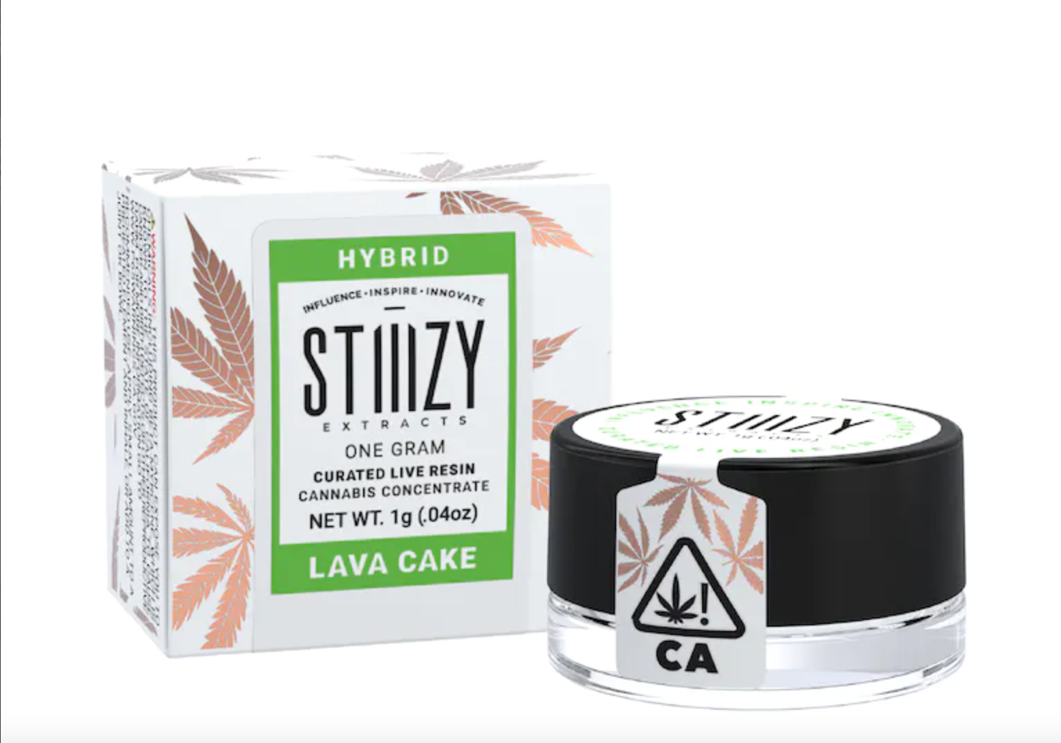 A jar of curated live resin derived from the Lava Cake strain sits next to its pink and white box.