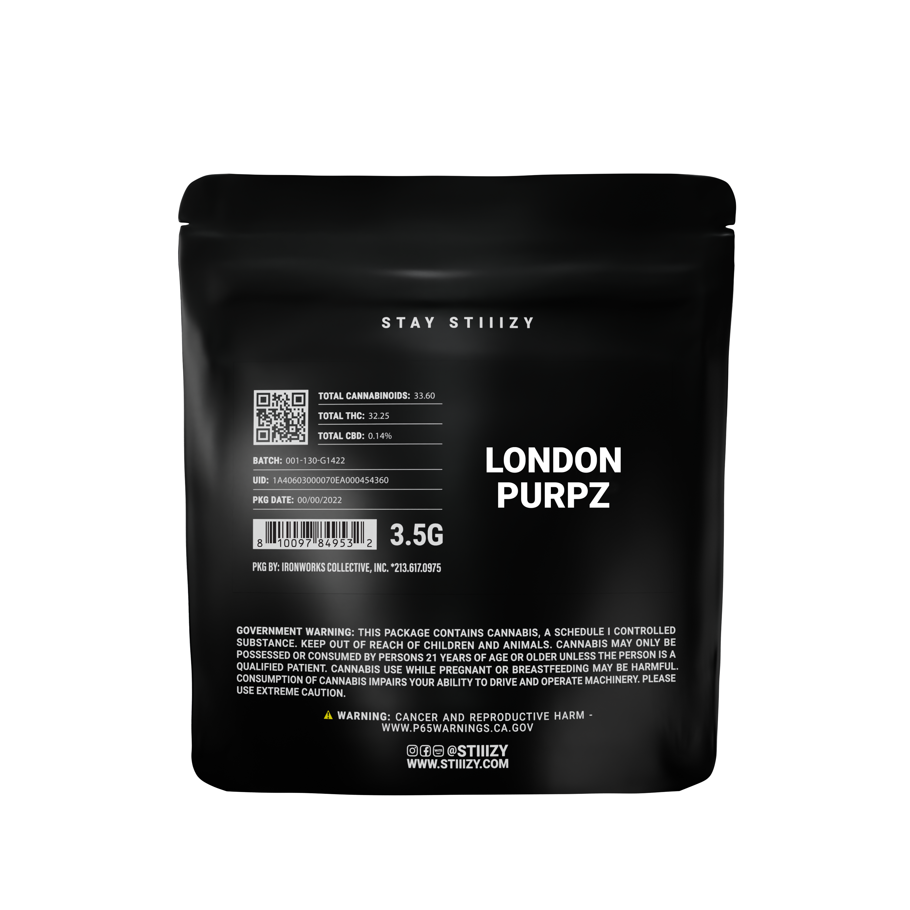 A black label bag showcases 3.5 grams of cannabis flower from the London Purpz strain.